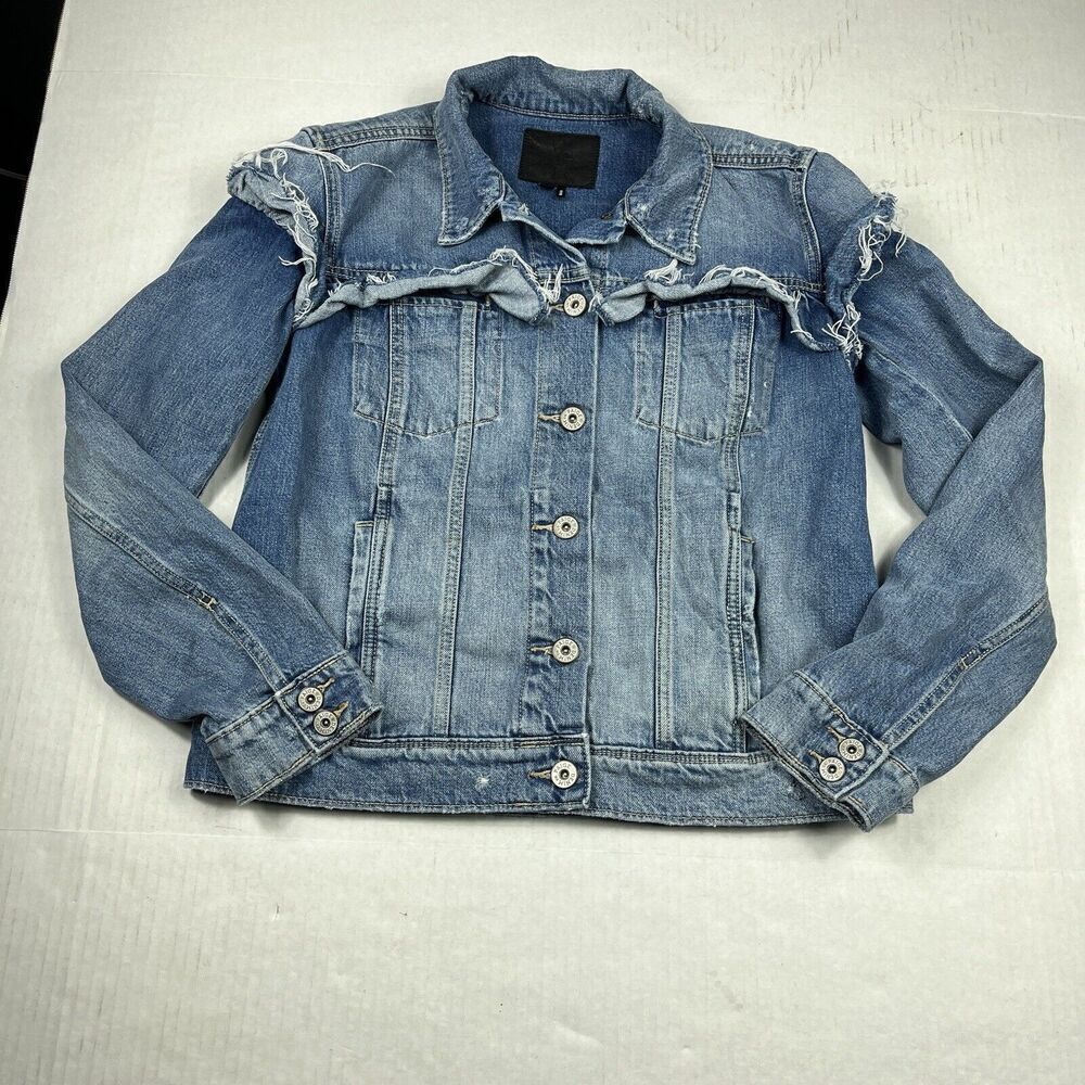 PAIGE Womens Denim Jean Jacket Blue Street Layer Distressed Button Front SMALL